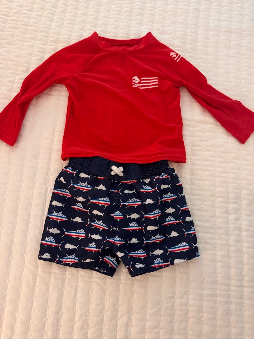 Toddler Red Long-Sleeve Rash Guard Swim Top with Navy Boat-Print Shorts